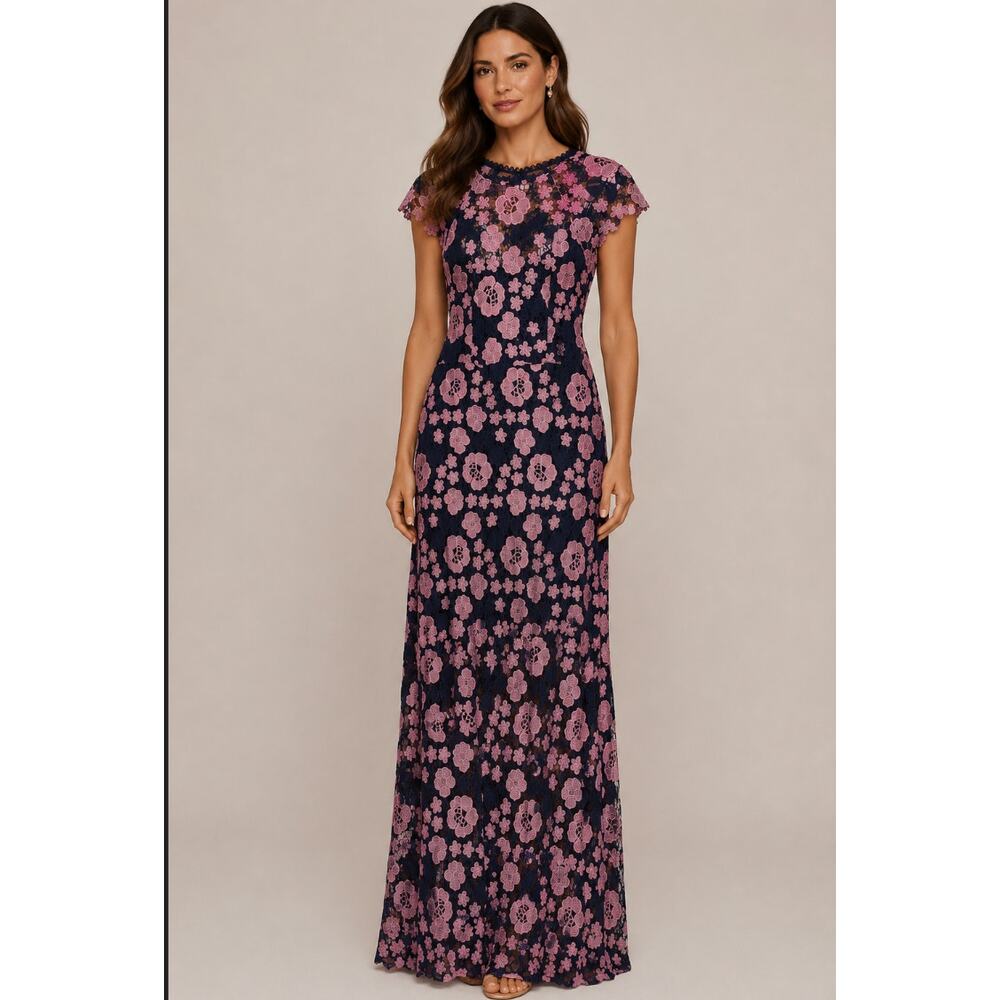 Shoshanna Pink Floral Lace Maxi Gown Crochet Illusion Neck Evening Dress Garden